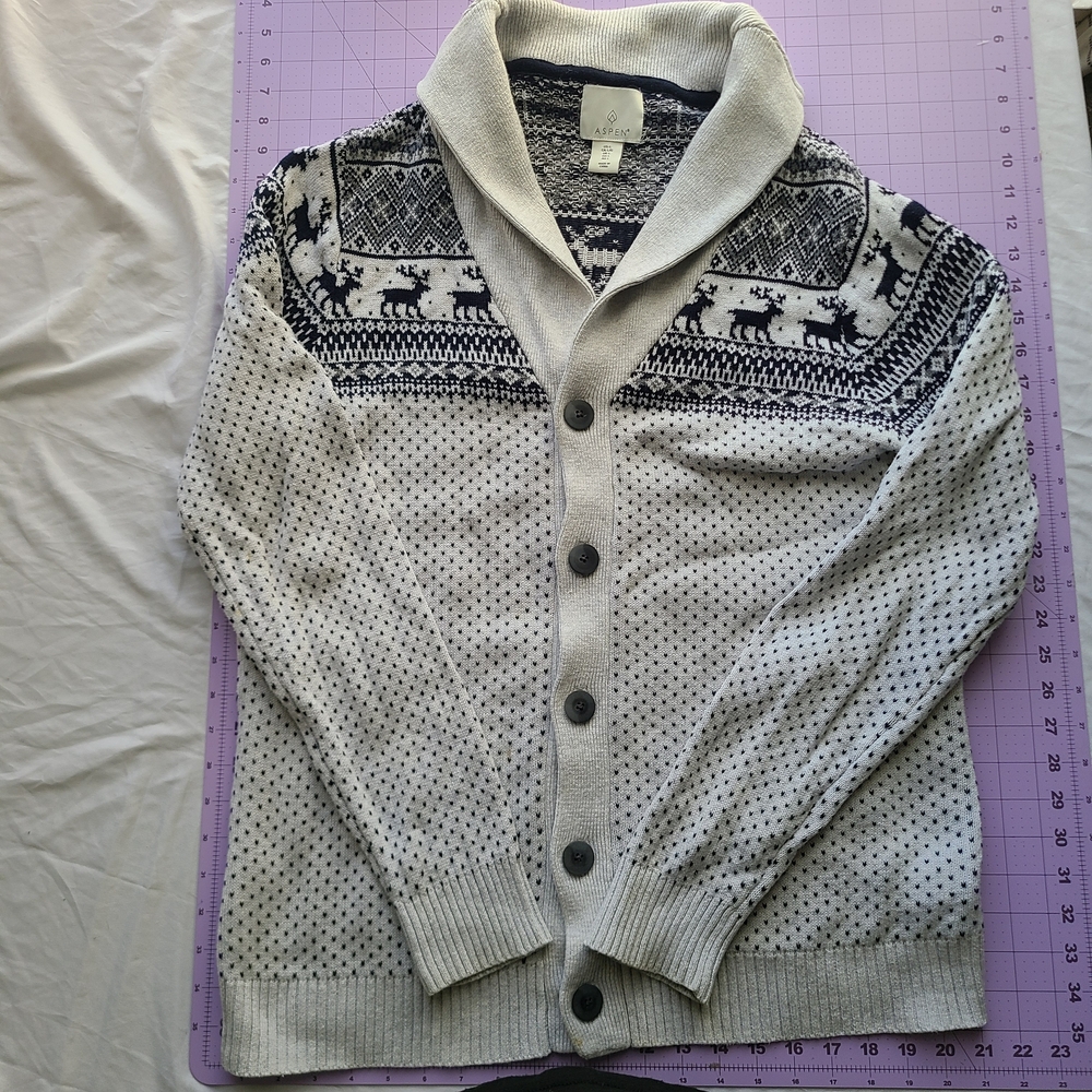 Cozy Grandpacore Aspen Fair Isle Reindeer Nordic Shawl Collar Cardigan Sweater
